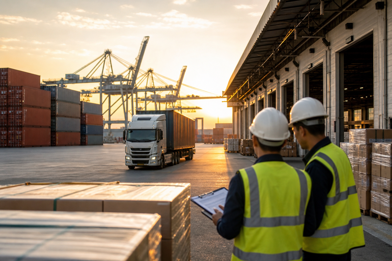 Port warehouse yard with freight truck, containers, and workers reviewing paperwork